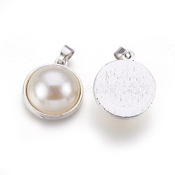 Acrylic Imitation Pearl Pendants, with Alloy Findings, Flat Round, Silver Color Plated, 26.5x22.5x10.5mm, Hole: 4.5x6mm(PALLOY-E487-01S)