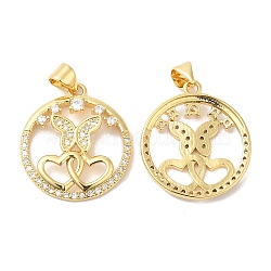 Brass Micro Pave Clear Cubic Zirconia Pendants, Ring with Butterfly & Heart Charms, Real 16K Gold Plated, 23x20.5x3.5mm, Hole: 5x4mm(ZIRC-L103-037G)
