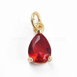 Brass Micro Pave Cubic Zirconia Pendants, with Jump Ring, Teardrop, Golden, Red, 11.5x6.5x4mm, Hole: 3mm(ZIRC-E164-64G-A)