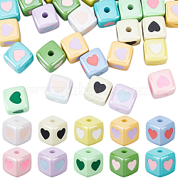 40Pcs Opaque Acrylic Enamel Beads, Cube with Heart Beads, Mixed Color, 12.6x12.5x12.5mm, Hole: 3mm(OACR-PA0001-92)