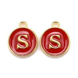 Golden Plated Alloy Enamel Charms, Cadmium Free & Lead Free, Enamelled Sequins, Flat Round, Red, Letter.S, 14x12x2mm, Hole: 1.5mm(ENAM-S118-03S)