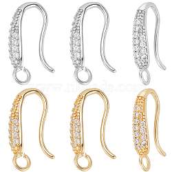 12Pcs 2 Colors Brass Micro Pave Cubic Zirconia Earring Hooks, with Horizontal Loop, Nickel Free, Clear, Real Gold Plated & Real Platinum Plated, 19~20x10~11x4mm, Hole: 2mm, 21 Gauge, Pin: 0.7mm, 6pcs/color(ZIRC-BBC0003-40)