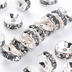 Brass Grade A Rhinestone Spacer Beads, Silver Color Plated, Nickel Free, Rondelle, Black Diamond, 4x2mm, Hole: 0.8mm(RSB034NF-03)