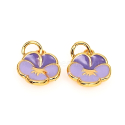 Brass Enamel Charms, Long-Lasting Plated, Flower, Real 18K Gold Plated, Lilac, 12x10.5x3.5mm, Hole: 3mm(X-ZIRC-F816-02C-G)