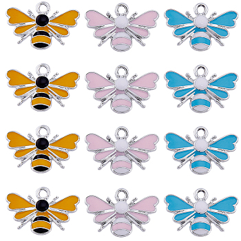 30Pcs 3 Colors Alloy Enamel Pendants, Bee Charm, Platinum, 15x22.5x2mm, Hole: 2mm, 10pcs/color