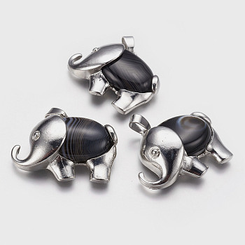 Natural Striped Agate/Banded Agate Pendants, with Alloy Finding, Platinum Plated, Elephant, 29x37x10mm, Hole: 4x6mm