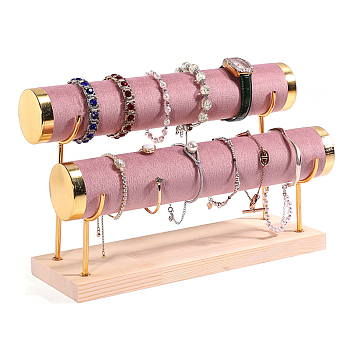Velvet 2 T Bar Bracelet Display Rack, Jewelry Organizer Holder with Woode Base, for Bracelets Watch Storage, Pale Violet Red, 29x10x18.5cm