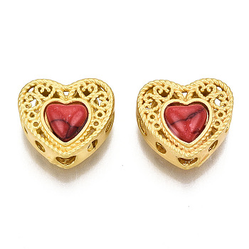 4-Hole Synthetic Turquoise Beads, Dyed, with Brass Findings, Hollow, Heart, Matte Gold Color, Red, 10x11.5x6mm, Hole: 2mm