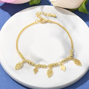 Brass Charm Bracelets, Curb Chains Bracelets for Women, Leaf, Real 18K Gold Plated, 6-3/4 inch(17.3cm)