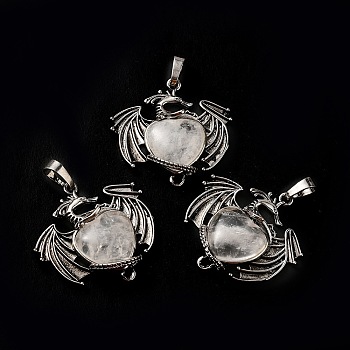 Natural Quartz Crystal Heart Pendants, Rock Crystal, Dragon Charms, with Rack Plating Antique Silver Plated Brass Findings, Lead Free & Cadmium Free, 33x33.5~34x7~7.5mm, Hole: 8x5mm