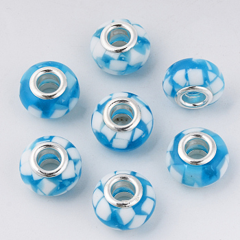Resin European Beads, Large Hole Beads, with Platinum Tone Brass Double Cores, Rondelle, Deep Sky Blue, 14x9mm, Hole: 5mm