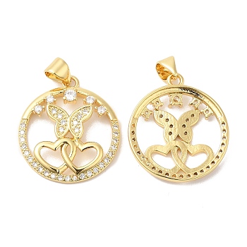 Brass Micro Pave Clear Cubic Zirconia Pendants, Ring with Butterfly & Heart Charms, Real 16K Gold Plated, 23x20.5x3.5mm, Hole: 5x4mm