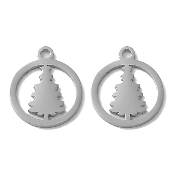 304 Stainless Steel Charms, Laser Cut, Round Ring with Christmas Tree Charms, Stainless Steel Color, 14.5x12x1mm, Hole: 1.6mm