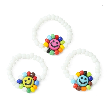 Flower with Smiling Face Acrylic & Glass Seed Stretch Ring for Women, Mixed Color, Inner Diameter: 20mm