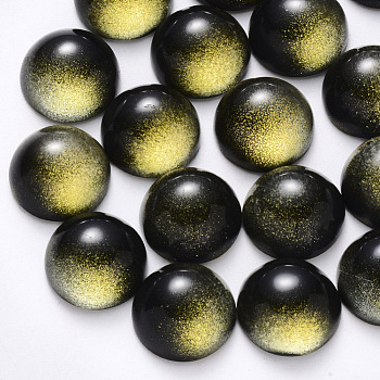 Transparent Spray Painted Glass Cabochons, with Glitter Powder, Half Round/Dome, Black, 18x9mm