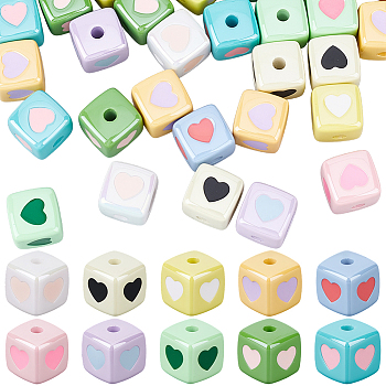 40Pcs Opaque Acrylic Enamel Beads, Cube with Heart Beads, Mixed Color, 12.6x12.5x12.5mm, Hole: 3mm