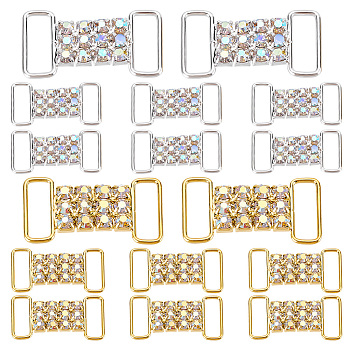AHADERMAKER 16Pcs 2 Colors Brass Micro Pave Crystal AB Rhinestone Connector Charms, for Shoes Decor, Rectangle, Golden & Silver, 15x29.5x3.5mm, Hole: 4.5x13mm, 8pcs/color