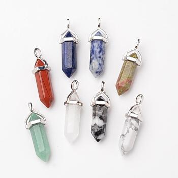 Natural Mixed Gemstone Double Terminated Pointed Pendants, with Random Alloy Pendant Hexagon Bead Cap Bails, Bullet, Platinum, 36~45x12mm, Hole: 3x5mm, Gemstone: 10mm in diameter