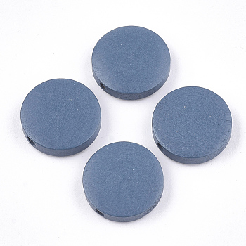 Painted Natural Wood Beads, Flat Round, Steel Blue, 15~15.5x4mm, Hole: 1.8mm