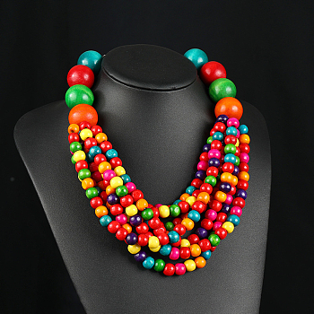 Bohemian Style Round Wood Beaded Multilayer Necklaces for Women, Colorful, 14.17 inch(36cm)