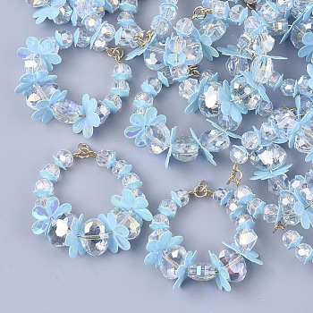 Glass Beads Pendants, with Paillette and Golden Plated Brass Wires, Garland, Light Sky Blue, 39.5x38x14mm, Hole: 3mm, Ring: 4.5x1.5mm