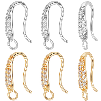 12Pcs 2 Colors Brass Micro Pave Cubic Zirconia Earring Hooks, with Horizontal Loop, Nickel Free, Clear, Real Gold Plated & Real Platinum Plated, 19~20x10~11x4mm, Hole: 2mm, 21 Gauge, Pin: 0.7mm, 6pcs/color