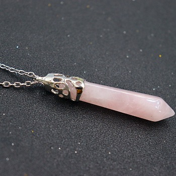 Natural Rose Quartz Faceted Bullet Point Pendant Necklaces, Bullet Head, Alloy Cable Chain Necklaces, Platinum, 15.75 inch(40cm)