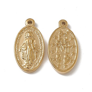 Vacuum Plating 201 Stainless Steel Pendants, Oval with Saint Charm, Real 18K Gold Plated, 25x13.5x3mm, Hole: 1.5mm