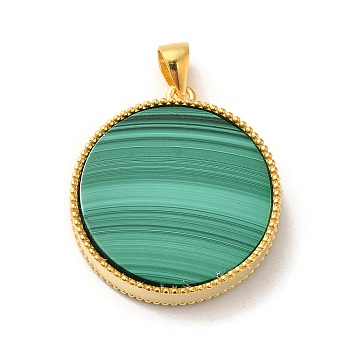 Rack Plating 925 Sterling Silver Pave Natural Malachite Pendants, Long-Lasting Plated, Flat Round Charms, Real 18K Gold Plated, 24.5x22x4mm, Hole: 5x3.5mm