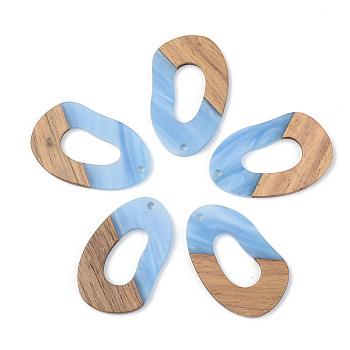 Opaque Resin & Walnut Wood Pendants, Teardrop, Cornflower Blue, 38x23.5x3mm, Hole: 2mm