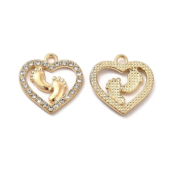 Alloy Crystal Rhinestone Pendants, Heart with Footprint Charm, Light Gold, 18x17.5x2mm, Hole: 1.8mm