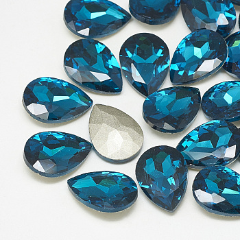 Pointed Back Glass Rhinestone Cabochons, Back Plated, Faceted, teardrop, Capri Blue, 10x7x4mm