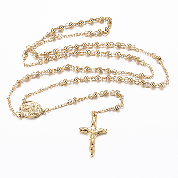Rosary Bead Necklace with Crucifix Cross, 304 Stainless Steel Necklace for Easter, Golden, 25.59 inch(65cm), 4mm