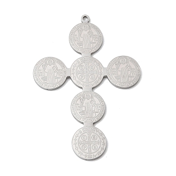 304 Stainless Steel Pendants, Cross with Saint Benedict Charm, Lead Free & Cadmium Free & Nickel Free, Stainless Steel Color, 48x34x1mm, Hole: 1.5mm