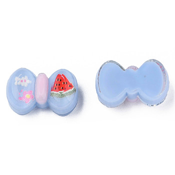 Printed Translucent Epoxy Resin Cabochons, Bowknot with Flower & Watermelon, Cornflower Blue, 11x17.5x7mm