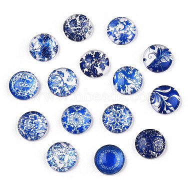 Blue and White Floral Printed Glass Cabochons(GGLA-A002-12mm-XX)-2