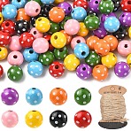 80Pcs 8 Colors Dyed Natural Wooden Beads, Macrame Beads Large Hole, Round with Polka Dot, with 1 Board Jute Cord, Mixed Color, 16x15mm, Hole: 4mm, 10pcs/color(WOOD-YW0001-90)