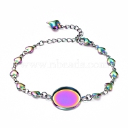 Rainbow Color 304 Stainless Steel Bracelet Making, with Lobster Claw Clasps, Heart Link Chains and Flat Round Cabochon Settings, Tray: 16mm, 6 inch(15.3cm)(STAS-L248-009M)
