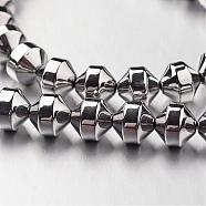 Electroplate Non-magnetic Synthetic Hematite Bead Strands, Bicone, Silver Plated, 6x6mm, Hole: 1mm, about 61pcs/strand, 15.7 inch(G-F300-31A-01)