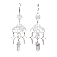 201 Stainless Steel Mushroom Dangle Earring, with Natural Quartz Crystal Pointed Beads and 304 Stainless Steel Earring Hooks, Stainless Steel Color, 93~95x30mm(EJEW-JE05759)