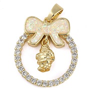 Christmas Theme Rack Plating Brass Micro Pave Cubic Zirconia Pendants, with Synthetic Opal, Long-Lasting Plated, Lead Free & Cadmium Free, Real 18K Gold Plated, Bowknot with Ring, Santa Claus, 26x22.8x5mm, Hole: 3x5mm(KK-U032-14G-01)