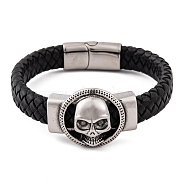 Men's Braided Black PU Leather Cord Bracelets, Skull 304 Stainless Steel Link Bracelets with Magnetic Clasps, Antique Silver, 8-7/8 inch(22.5cm), 26.5mm(BJEW-K243-39A-AS)