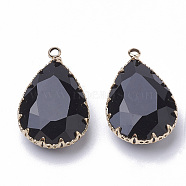 K9 Glass Pendants, with Golden Tone Brass Findings, Faceted, teardrop, Black, 29~30x19x6~8.5mm, Hole: 2mm(X-GLAA-Q069-06A)