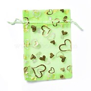 Organza Drawstring Jewelry Pouches, Wedding Party Gift Bags, Rectangle with Gold Stamping Heart Pattern, Pale Green, 15x10x0.11cm(OP-I001-B06)