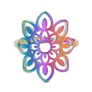 Ion Plating(IP) 304 Stainless Steel Hollow Flower Adjustable Ring for Women, Rainbow Color, Inner Diameter: 16.6mm(RJEW-M149-09RC)