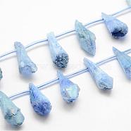 Electroplated Natural Quartz Crystal Beads Strands, Top Drilled Beads, Dyed, Teardrop, Sky Blue, 27~34x8~12x5~9mm, Hole: 1.5mm, about 22pcs/strand, 14.3 inch(G-G890-B-04)