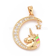 Rack Plating Brass Micro Pave Clear Cubic Zirconia Pendants, with Enamel, Long-Lasting Plated, Cadmium Free & Lead Free, Moon and Unicorn & Star, Real 18K Gold Plated, 25x18x2.5mm, Hole: 5x2.5mm(ZIRC-C039-02G)