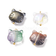 Glass Pendants, with Golden Plated Brass Ball Head Pins, Cat, Mixed Color, 15x14x6.5mm, Hole: 2mm(PALLOY-JF01681)