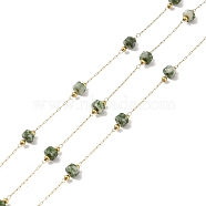 Ion Plating(IP) 304 Stainless Steel Link Chains, Natural Green Spot Jasper Beads & Spool, Soldered, Real 18K Gold Plated, 8x4mm, about 32.81 Feet(10m)/Roll(CHS-A010-03G-11)