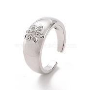 Clear Cubic Zirconia Flower Open Cuff Ring, Brass Jewelry for Women, Platinum, Inner Diameter: 16.8mm(RJEW-H127-02P)
